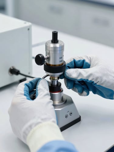 Hands in heavy-duty safety gloves calibrating a precision air monitoring sensor on a clean laboratory bench, bright neutral studio lighting, high detail