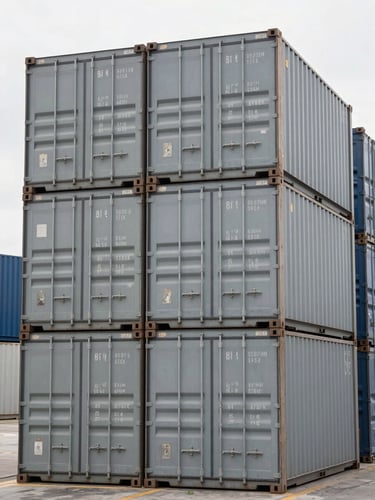 Precise, centered medium shot of stacked clean slate-gray shipping containers in a modern port under overcast daylight, sharp focus, 35mm lens