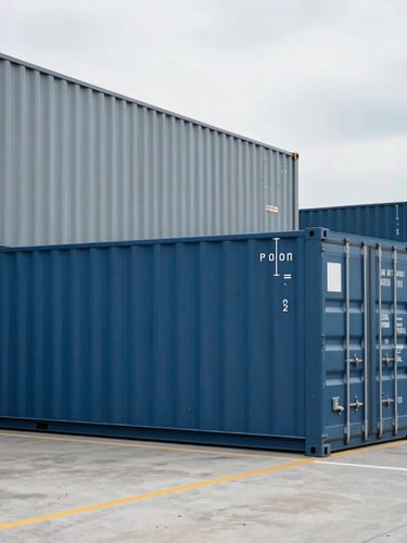 Sharp architectural shot of a modern logistics terminal with clean lines, steel blue shipping containers, overcast natural daylight, sharp focus, 35mm lens.
