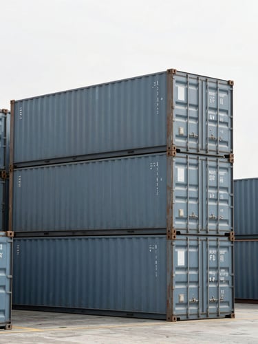 Precise medium shot of clean shipping containers stacked in a modern harbor, desaturated slate and steel blue tones, bright overcast daylight.