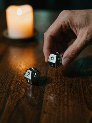Close-up of a hand rolling a twenty-sided metal die on a dark oak table, warm candlelight casting deep shadows, 35mm photography