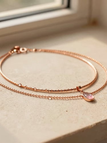 Elegant rose gold necklaces stacked on a light beige stone surface, water droplets sparkling on the metal, warm golden-hour light