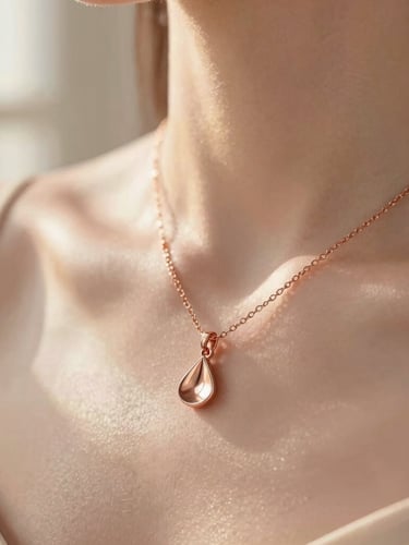 Macro close-up of a elegant rose gold necklace on a woman's collarbone, soft sunlight, warm editorial photography, shallow depth of field