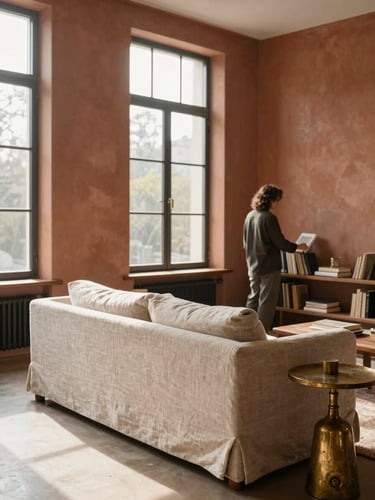 Wide living room interior in soft morning light streaming through tall north-facing windows, a linen sofa and aged brass side table in the foreground, a resident reaching for a book on a low shelf, warm clay-toned walls with subtle texture visible