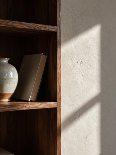 Close-up of a room corner at eye level, afternoon light raking across a plaster wall transition meeting dark-stained oak shelving, a ceramic vessel and a single hardcover book on the shelf, material texture sharp and tactile
