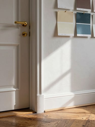 Close-up of a room corner mid-project — a painted plaster wall meeting aged oak flooring, a brass door handle catching afternoon window light, paint swatches pinned at eye level, texture and material integrity visible in the grain and finish
