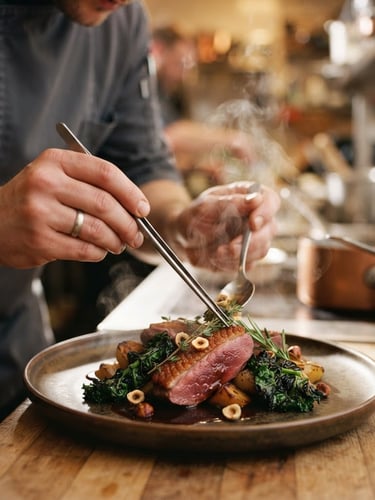 Close-up of a chef's hands plating a vibrant dish under soft Scandinavian side-lighting, steam rising, shallow depth of field, 35mm photography.