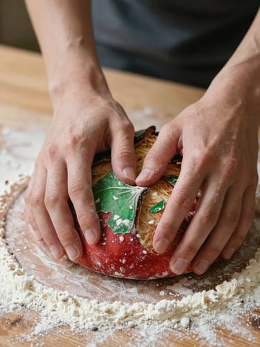 Tactile close-up of hands kneading sourdough on a flour-dusted wooden table, soft Scandinavian side-lighting, warm tones, shallow depth of field, 35mm