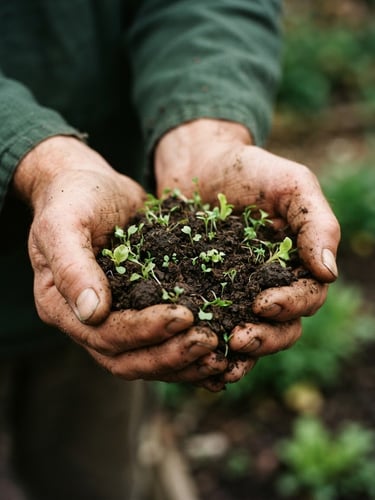 Close-up of weathered hands holding dark rich soil with tiny green sprouts, soft morning overcast daylight, shallow depth of field, 35mm