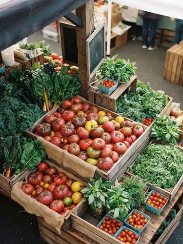 Overhead shot of a vibrant farmers market stall, crates of heirloom tomatoes and leafy greens, soft natural morning light, rich crimson tones
