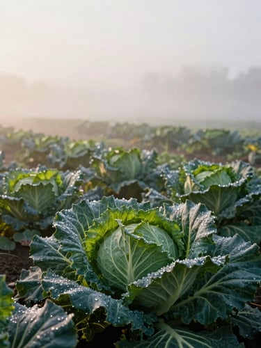 Wide atmospheric shot of a misty organic farm at sunrise, dew on cabbage leaves in the foreground, soft Scandinavian side-lighting, 35mm