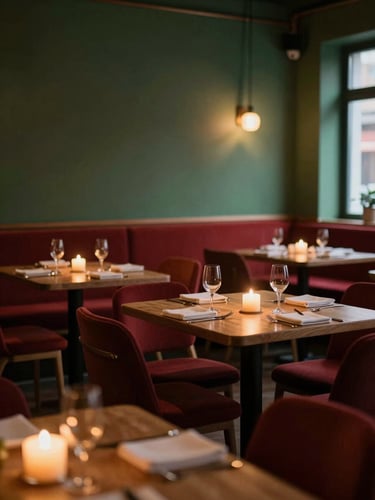 Warm, cozy Scandinavian-style restaurant interior at dusk, candlelit tables, soft shadows, inviting atmosphere, 35mm.