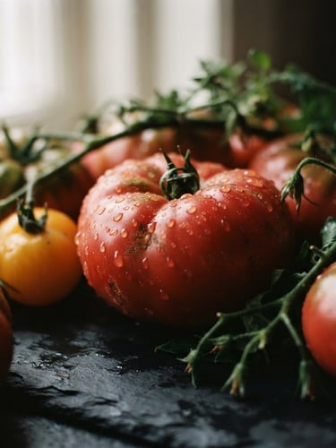 Tactile close-up of raw heirloom tomatoes on a dark stone counter, soft Scandinavian side-lighting, water droplets, rich crimson tones, shallow depth of field, 35mm