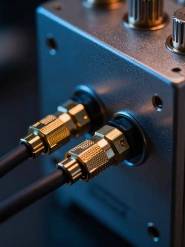 Macro detail shot of gold-plated coaxial cabling connecting to a quantum dilution refrigerator, low-key dramatic laboratory lighting, laser-blue highlights, sharp focus