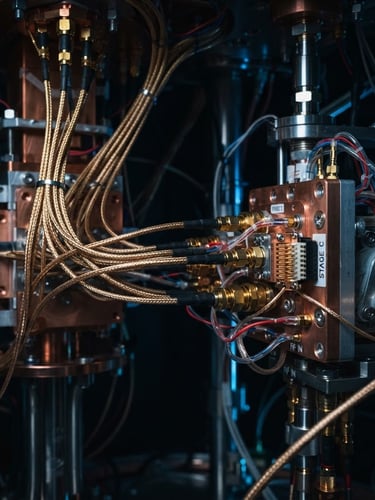 Macro shot of gold-plated coaxial cabling connecting quantum dilution refrigerator components under low-key dramatic laboratory lighting with sharp blue highlights, industrial laboratory photography, macro lens, sharp focus.