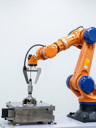 Crisp medium shot of a high-precision robotic arm calibrating a steel component, bright high-key industrial daylight, clean white background, safety orange accents