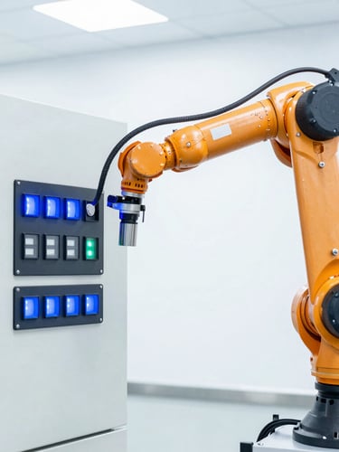 Bright high-key industrial photography of a robotic arm calibrating a clean control panel with vibrant blue indicator lights, sharp focus, 35mm lens, daylight.