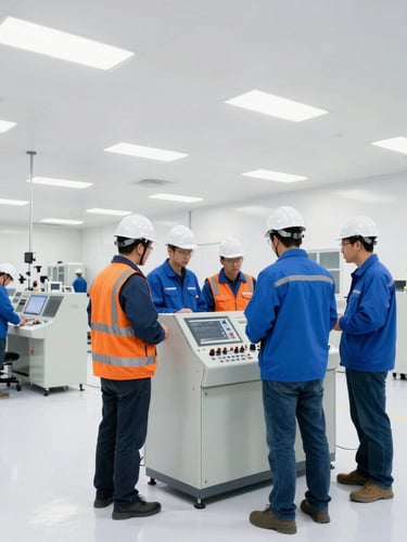 Wide-angle bright daylight shot of engineers collaborating around a large control panel inside a clean, modern Pocatello manufacturing facility, bright high-key lighting, 35mm lens.