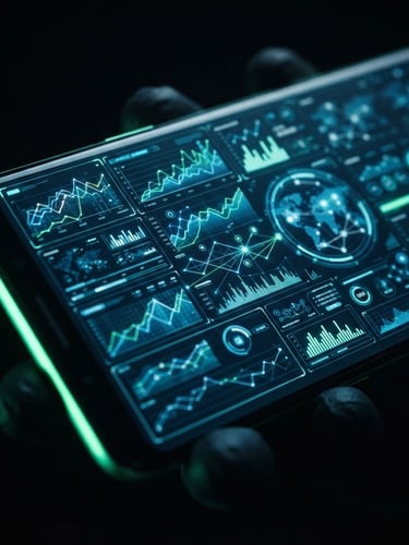 Macro shot of a modern Android smartphone displaying a complex data dashboard, low-key dramatic lighting with neon green edge glows, sharp focus on the UI.