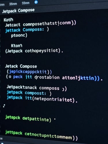 Macro shot of a dark IDE screen displaying clean, structured Kotlin code blocks and Jetpack Compose functions, neon blue accent glow, sharp focus, 35mm.