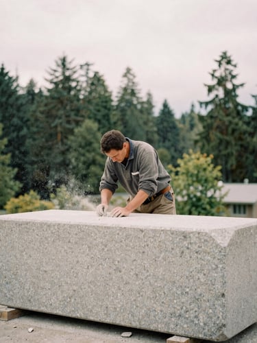 A master mason hand-dressing a large basalt stone block on site, chips of stone in the air, overcast Vancouver daylight, rich textures, medium format film.
