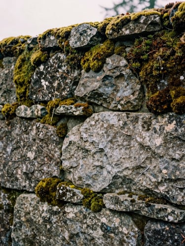 Close-up architectural photograph of hand-dressed basalt stone wall joints, soft Vancouver overcast daylight, rich moss and stone textures, medium format film