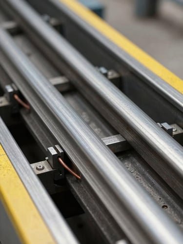 Macro close-up of heavy-duty steel elevator guide rails and copper wiring inside a clean elevator shaft, sharp focus, industrial documentary style.