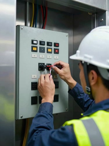 A close-up of a registered electrical engineer in a hardhat wiring an elevator control panel, high-contrast workshop daylight, cool steel tones, 35mm industrial documentary style