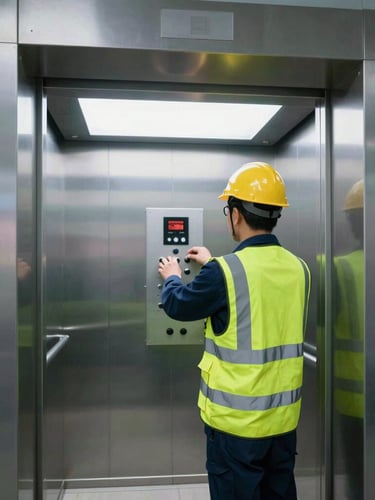 Straight-on wide shot of a technician in a safety vest adjusting an elevator control panel, bright work lights, 35mm.