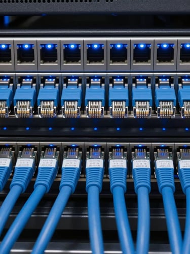 Macro close-up of perfectly bundled and labeled blue network cables terminating into a clean server rack, 35mm crisp industrial photography