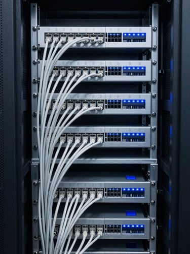 Straight-on shot of a pristine server closet after remediation, neatly combed patch cables, clear numeric labels on every termination block, dark slate background.