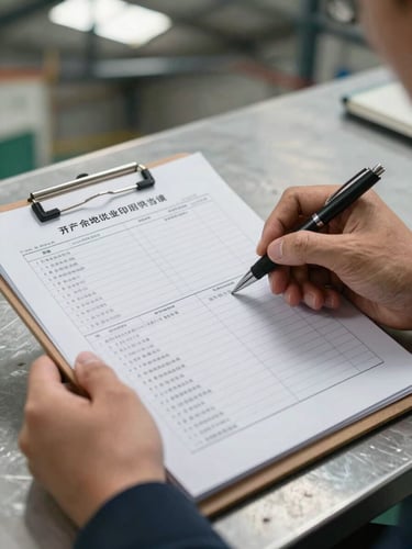 Close-up of hands reviewing a printed supplier audit checklist on a metal factory floor table in a Chinese manufacturing facility, natural daylight from industrial skylights, clipboard and pen visible, shallow depth of field on the document text