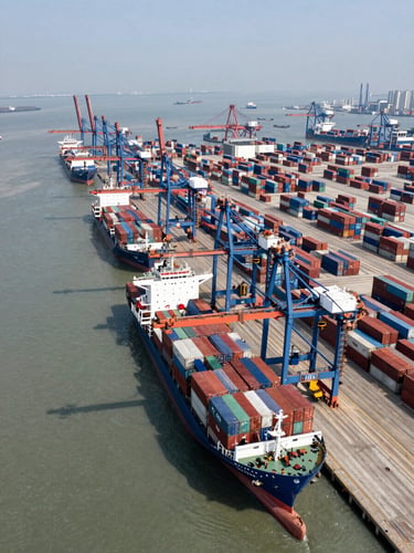 Aerial wide shot of Shanghai Yangshan deep-water port at midday, dozens of container ships at berth and in the surrounding waterway, natural daylight, containers color-coded across the terminal yard, horizon visible in the upper third of the frame