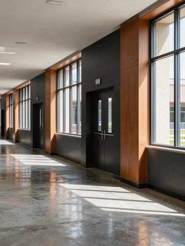Bright architectural portrait shot of a modern school corridor with clean polished concrete floors reflecting natural daylight from large windows, sharp focus, editorial style