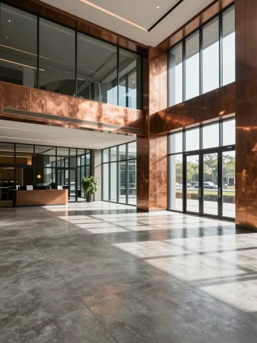 Wide-angle architectural photograph of a bright, modern corporate lobby with clean polished concrete floors and warm copper accents, natural daylight streaming through glass walls.