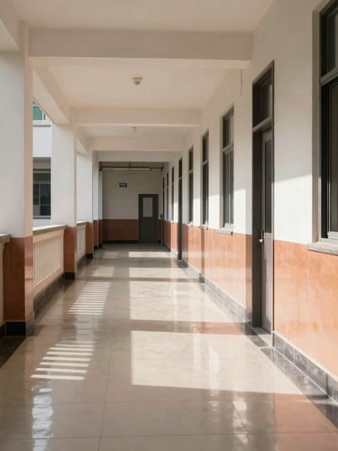 Bright architectural wide-angle photograph of a pristine, sunlit school corridor with polished floors reflecting natural light, clean lines, sora-ibm-plex aesthetic