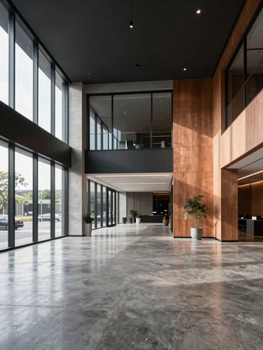 Bright architectural wide shot of a modern corporate lobby with polished concrete floors and natural window light, sharp focus, 35mm