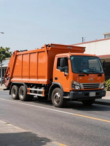 A clean orange and charcoal junk removal truck parked on a wide city street, bright natural daylight, high contrast, unpolished documentary style