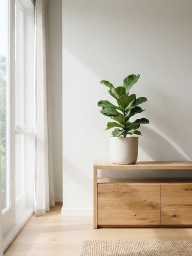 A bright, minimalist living room with natural wood furniture, a single potted plant, soft morning sunlight casting gentle shadows, 50mm lens