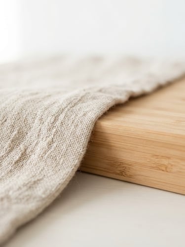 Macro photograph of textured organic linen and light bamboo wood grain, bright natural morning sun, soft shadows, minimalist background