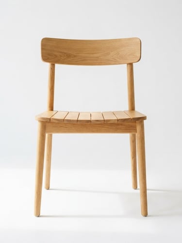 Stark high-contrast portrait of a minimalist wooden chair in bright natural daylight, soft shadows, pristine white background, 50mm lens