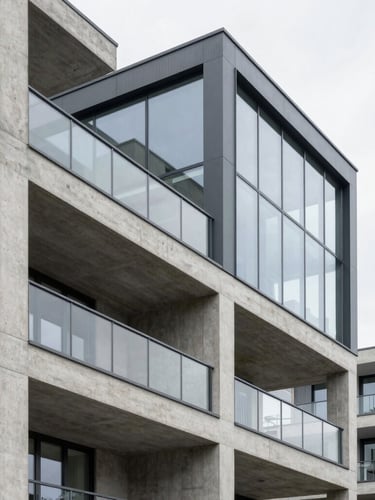 Crisp architectural photography of a modern concrete and steel residential building under overcast daylight, showing exposed structural elements and clean glass elevations.