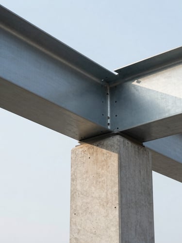 Extreme close-up of a structural steel beam meeting a raw concrete column, sharp morning light, millimeter-precision alignment, 35mm lens.