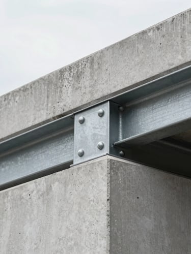 Extreme close-up of a flush timber-to-steel joint in sharp focus, natural overcast daylight, cool concrete tones, architectural detail, 35mm lens
