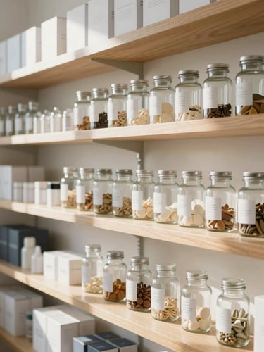 Bright, natural daylight illuminating clean wooden shelves lined with organized glass apothecary jars, minimalist product packaging, airy modern clinical interior, soft shadows.