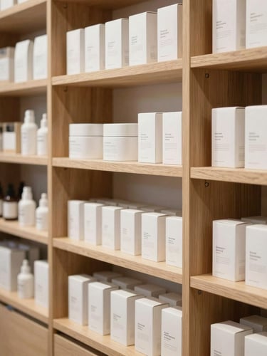 Medium shot of organized wooden shelves displaying clean minimalist product packaging in a bright, airy modern apothecary, diffused daylight, soft shadows, light stone surfaces.