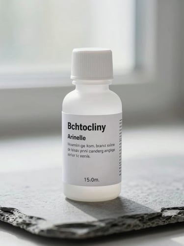A vertical portrait shot of a clean white apothecary bottle with a detailed laboratory analysis label, resting on a light grey slate surface under soft, diffused window light.