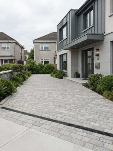 Crisp architectural photography of a finished modern stone driveway in Dublin, sharp focus, soft overcast daylight, clean lines