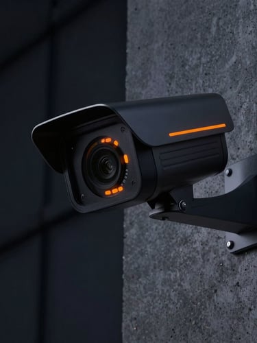 Close-up of a high-tech thermal security camera mounted on a modern concrete wall, dramatic orange status LED light leak, dark background, ultra-sharp focus.