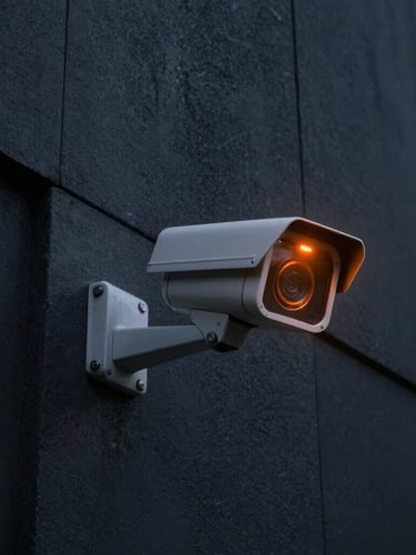 Dramatic low-key tactical security camera mounted on a dark concrete industrial building facade at night, safety orange status LED glowing, sharp focus, 35mm